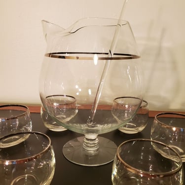 Mid Century Martini Set with Silver Band | Pitcher with Stirrer and 6 Roly Poly Glasses 