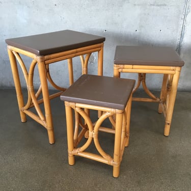 Set of Three Vintage Bamboo &amp; Rattan Nesting Tables