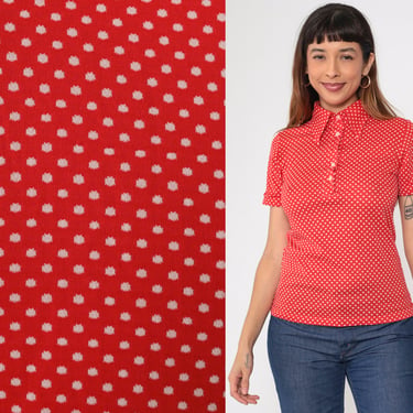 Polka Dot Polo Shirt 70s Half Button up Top Collared T-Shirt Retro Preppy Blouse Short Sleeve Pointed Collar Red White Vintage 1970s Small S 