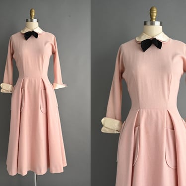 vintage 1950s Dress | Woolf Brothers Powder Pink Winter Wool Full Skirt Dress | Medium 