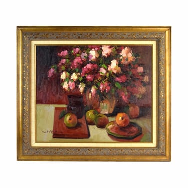 Vintage Impressionist Still Life Painting Vase with Flowers Fruit signed Harper 