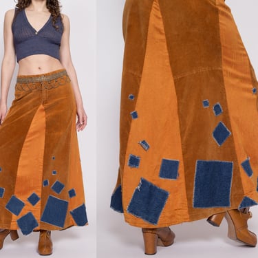 70s Patchwork Corduroy Low Rise Maxi Skirt - Medium | Vintage Boho Hippie Denim Reworked A-Line Skirt 