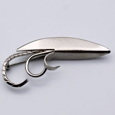 60's ROMA sterling fishing lure brooch, unusual Modernist satin & smooth 925 silver pin 