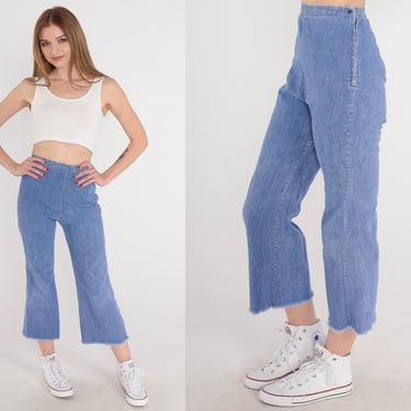 Bell Bottom Jeans 70s Denim Jeans Cropped Flared Pants High Waisted Rise Raw Hem Hippie Blue Jean Vintage 1970s Extra Small xs Petite 24 