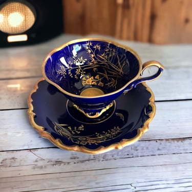 Vintage Lindner Echt Cobalt Blue and Gold Tea Cup and Saucer Goldgraser Bavaria 