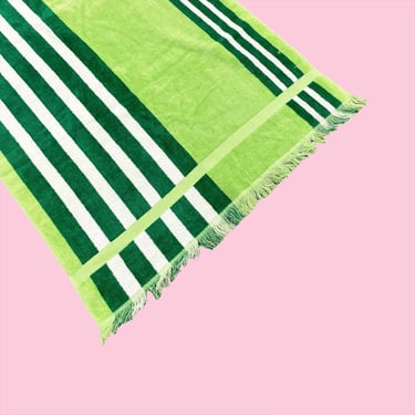 Vintage Towel Retro 1980s Sears + Lime Green + Kelly Green + White + Striped + Bath + Size 45 X 25 + 100% Cotton + Bathroom Decor 
