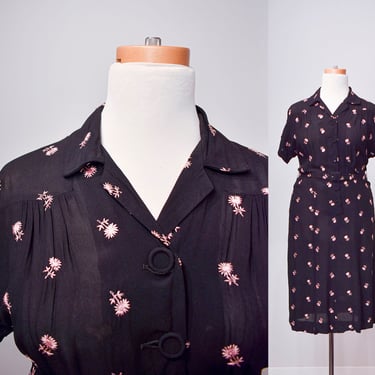 1940s Black Cocktail Dress with Pink Embroidered Flowers 