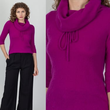 Vintage Magenta Cropped Cowl Turtleneck Sweater - Small | Purple Angora Crop Top Pullover 