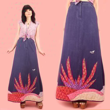 RARE ViNtAgE 70's Patchwork Skirt // Hand Block Printed Indian Cotton// Flower Power + Birds Calico Applique Folk Art 