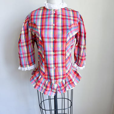 Vintage 1980s Madras Puff Sleeve Blouse / Jr / fits like S/M 