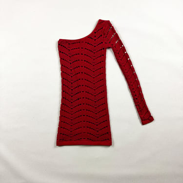 y2k Bebe Red Net One Shoulder Mini Dress / Tube Dress / One Sleeve / XS / Small / USA / Dark Red / Club Kid / Body Con / Stretch / Overlay 