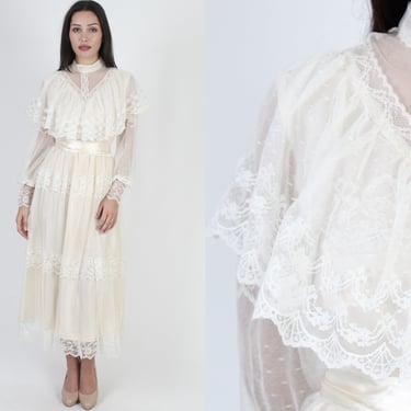 Ivory Floral Lace Wedding Dress, Vintage 70s Off White Sheer Bridal Dress, Simple Scallop Lace Bridesmaids Capelet Boho Prairie Maxi Dress 