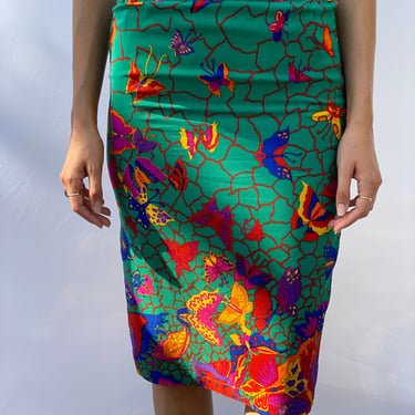 Vintage Silk Printed Skirt / Butterfly 80s Silk Skirt / High Waist Midi Skirt / Botanical Hermés Style Printed Skirt 