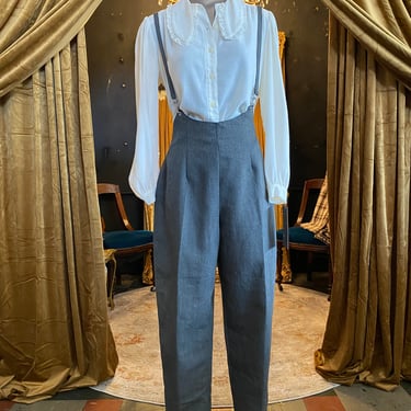 1980s suspender pants, xoxo, gray slacks, vintage pants, overalls, size medium, office pants, sexy secretary, minimalist style, 29 waist 