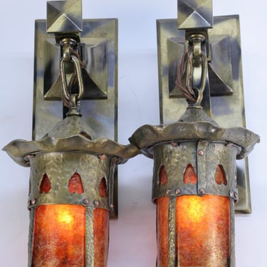 Heavy Solid Bronze Arts and Crafts Wall Sconces with Mica Shade, Original Finish, FREE SHIPPING 