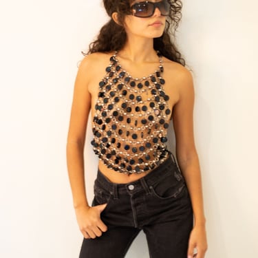Rare Vintage 1970s Silver Metal + Wood Beaded Open Chain Mail Backless Halter Adjustable 70s Open Back Naked 