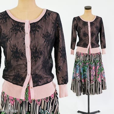 1960s Black Lace Cardigan Sweater | 60s Pink & Black Lace Cardigan | Medium 