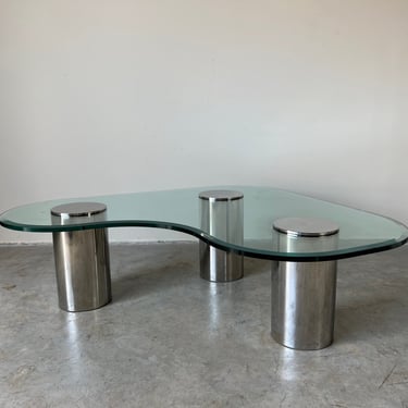 70's Postmodern Karl Springer - Style Chrome Kidney Shape Glass Top Coffee Table 