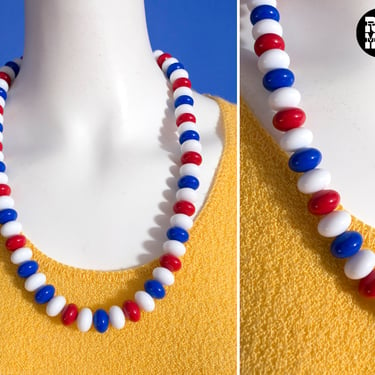 Fun Chunky Vintage 60s 70s Red White Blue Big Beaded Necklace 