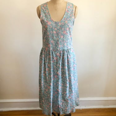 Sleeveless Blue and Pink Floral Cotton Dress - 1980s 