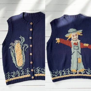 vintage sweater vest navy blue corn scarecrow farm novelty embroidered vest 