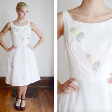 1960s White Floral Cocktail Dress - S 