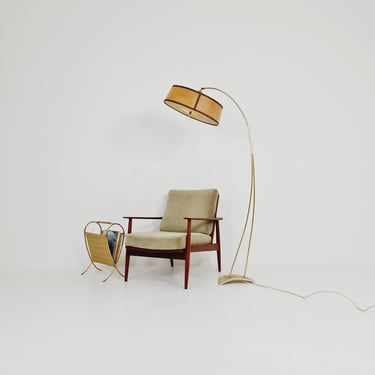 Mid century brass German arc floor Flex lamp By München Werkstätten, 1960s 