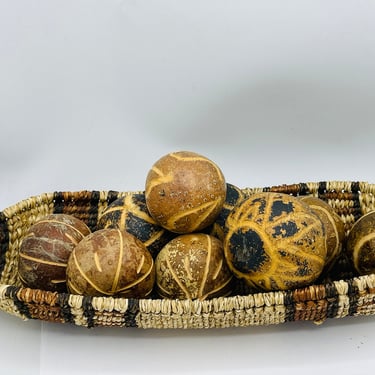Vintage African Oblong Shallow Basket  Shades of Brown and (9) Carved Seed Balls -great Condition 