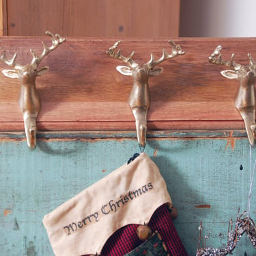 Deer head antler coat rack /  metal and wood stag wall hook rack / deer antler wall decor / rustic cabin decor /  Christmas stocking holder 