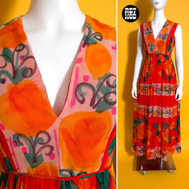 BREATH-TAKING Vintage 60s 70s Bright Orange Floral Silk Maxi Dress by Adele Simpson 
