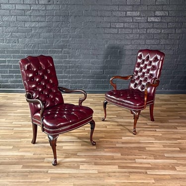 Pair of English Chippendale Style Button Tufted Leather Arm Chairs, c.1960’s 