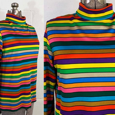 Vintage Rainbow Striped Mockneck Top Shirt Blouse Long Sleeved Zip Neck Turtleneck Collar Aladdin 1960s 1970s Large 