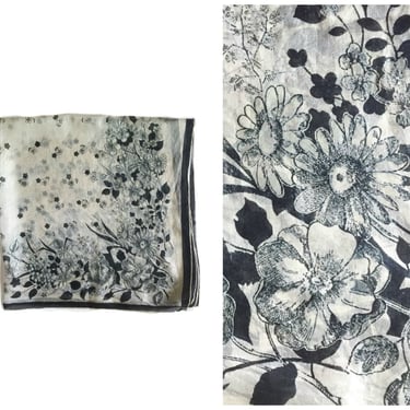 Black and white floral tissue silk scarf 