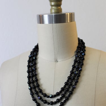 Vintage Black Glass Opalescent Rhinestone Clasp -  3 Strand Choker Necklace / Triple Necklace 