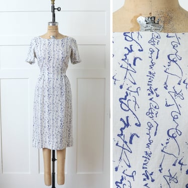 vintage early 1960s tailored dress • MCM white & blue abstract calligraphy linen dress 