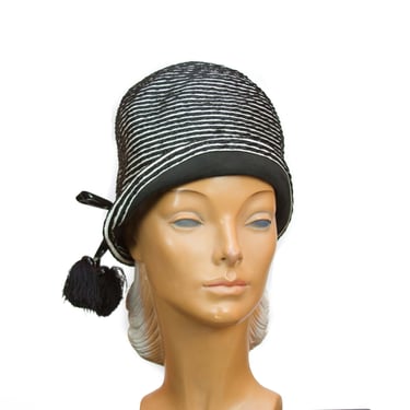 1960s Hat ~ Striped Cloche Bucket Hat with Tassel 