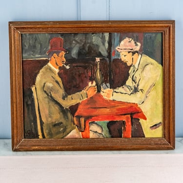 Vintage French Two Men Playing Cards Painting