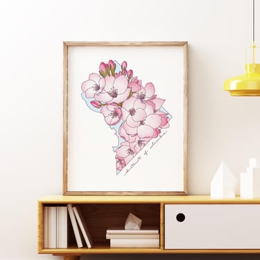 Poster // Washington, DC Cherry Blossoms // Floral Illustration DC Outline Map // Multiple Sizes Available 