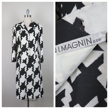 Vintage 1970s skirt suit I. Magnin houndstooth hounds check large scale print black and white small medium 