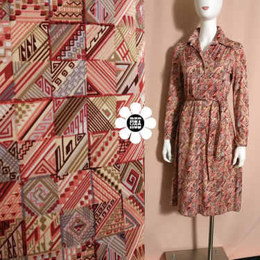 Comfy Vintage 70s Maroon Abstract Patterned Long Sleeve Shirt Dress 