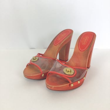 Vintage 90s Shoes | Vintage red wood peep toe high heels | 1990s Coach Cagney shoes 