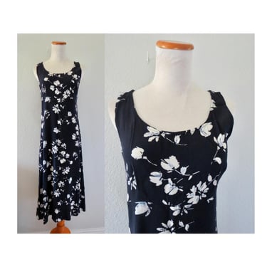 Vintage 90s Midi Dress - Casual Floral Print Sundress - Navy Blue & White Flower Summer Dress - Size Small 