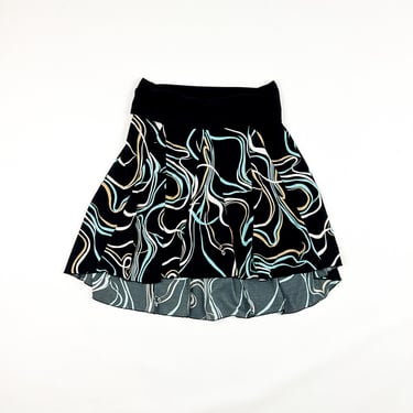 y2k Asymmetrical Hem Circle Skirt / Roll Top / Fold Over Waistband / Blue and Brown / Abstract Pattern / Large / Low Rise / Fairy / 00s / L 