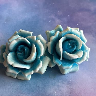 crown Trifari rose earrings 1950s celluloid blue flower clip ons 