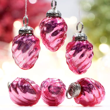 VINTAGE: 5pc - Small Thick Mercury Pink Ornaments - Mid Weight Kugel Style Ornaments - Unique Find 