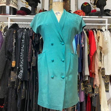 vintage 1980s Ted Lapidus emerald green faille double breasted dress med 80s 31 