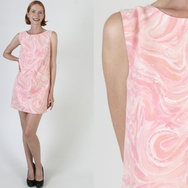 60s Pink Psychedelic Print Dress / Mod Floral Watercolor Swirl / Cocktail Party Shift Mini Frock 