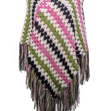 Milly - Pink, White, Green, & Black Wool Fringe Trim Poncho One Size