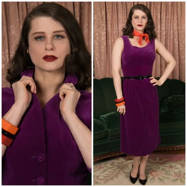 1950s Set - Lusciously Saturated Vintage 50s Plum Purple Velveteen Dress Set with Tailored Jacket 