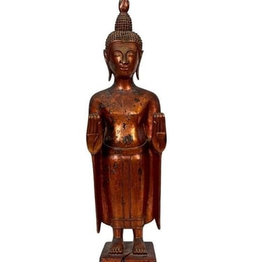 Large Antique Khmer Carved Wood Standing Buddha Figure Sculpture / Southeast Asian Gilt Lacquered Wooden Buddhist Statue 